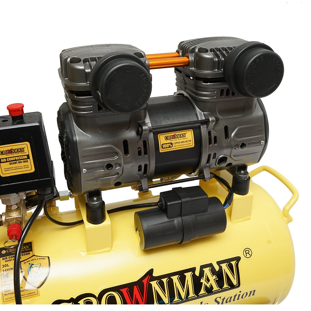 Compresor aer fara ulei silentios, volum 30L, putere 1490W/2CP presiune maxima 8 bar, volum aer aspirat 130 L/min Crownman